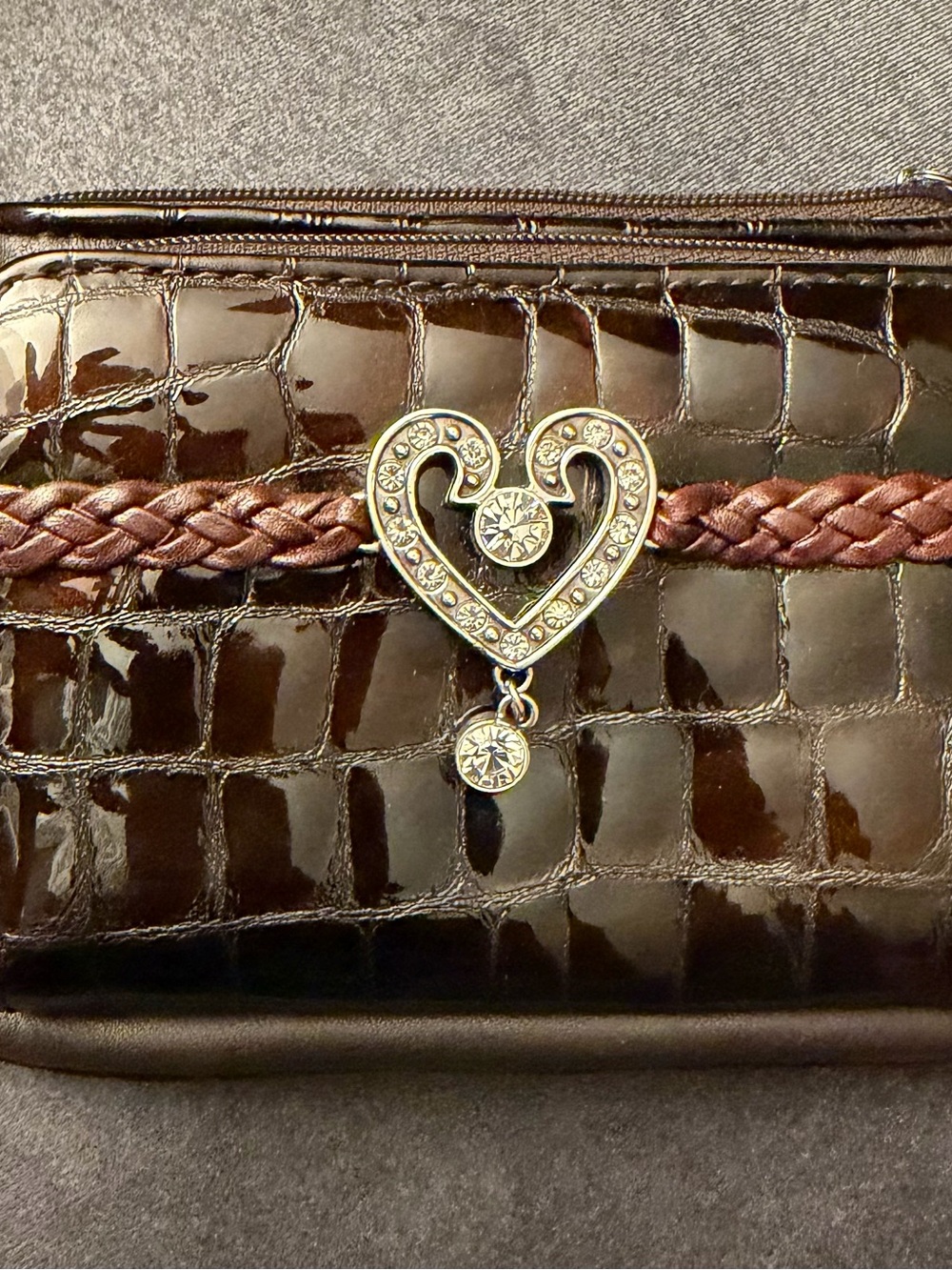 Braided Accent Patent Croc Wallet with Heart Charm - Brown